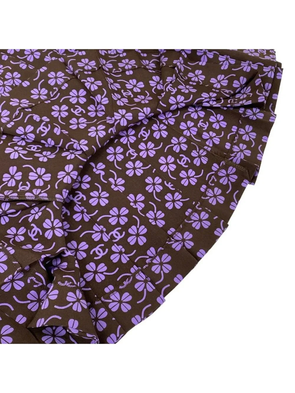 Chanel Skirt Suit Dark Brown Purple Clover CC Logo Pleats Set Wool